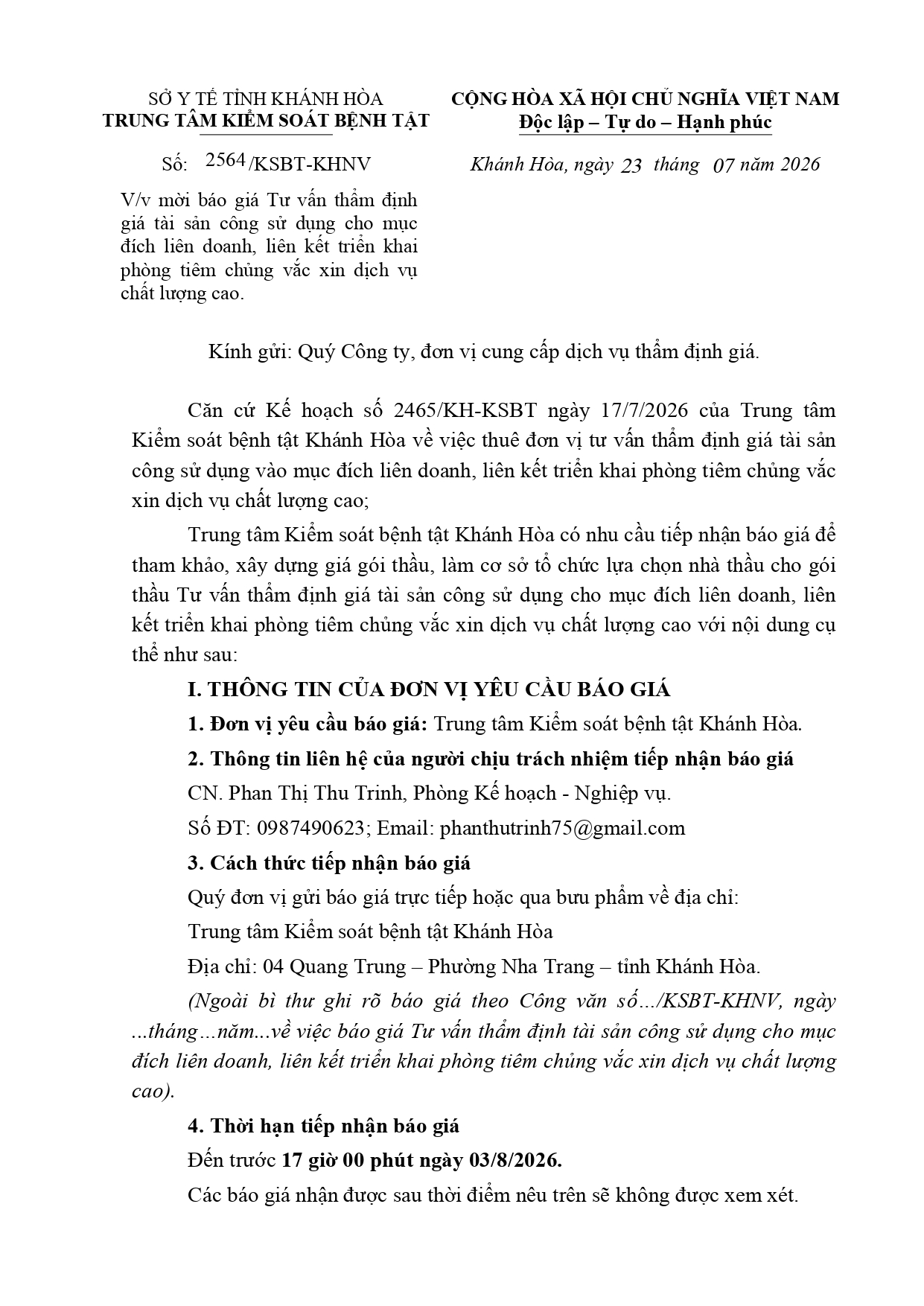 V/v mời báo giá Tư vấn thẩm định giá tài sản công sử dụng cho mục đích liên doanh, liên kết triển khai phòng tiêm chủng vắc xin dịch vụ chất lượng cao